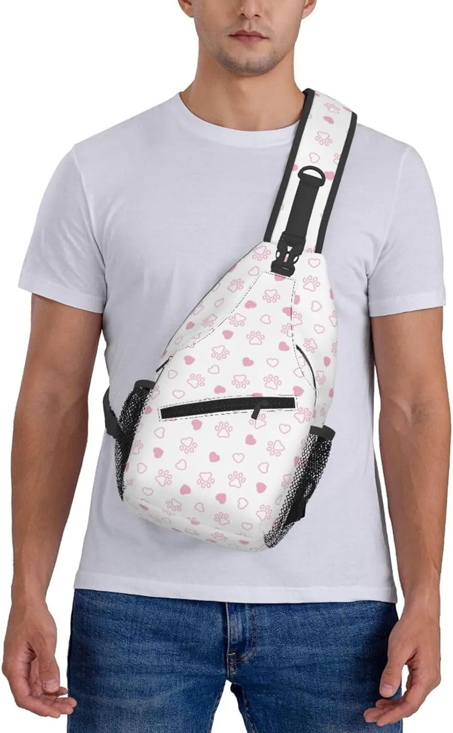 Dog Paw Footprint Pink Heart Cross Chest Bag Diagonally Hiking Crossbody Bag Travel Shoulder Daypack Lightweight Sling Backpack Cycling Daypacks Fitness Chest Backpacks