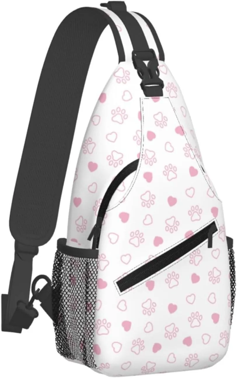 Dog Paw Footprint Pink Heart Cross Chest Bag Diagonally Hiking Crossbody Bag Travel Shoulder Daypack Lightweight Sling Backpack Cycling Daypacks Fitness Chest Backpacks