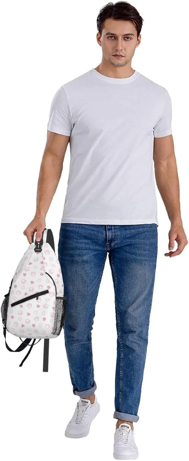 Dog Paw Footprint Pink Heart Cross Chest Bag Diagonally Hiking Crossbody Bag Travel Shoulder Daypack Lightweight Sling Backpack Cycling Daypacks Fitness Chest Backpacks