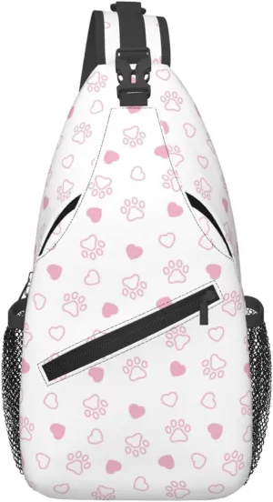 Dog Paw Footprint Pink Heart Cross Chest Bag Diagonally Hiking Crossbody Bag Travel Shoulder Daypack Lightweight Sling Backpack Cycling Daypacks Fitness Chest Backpacks