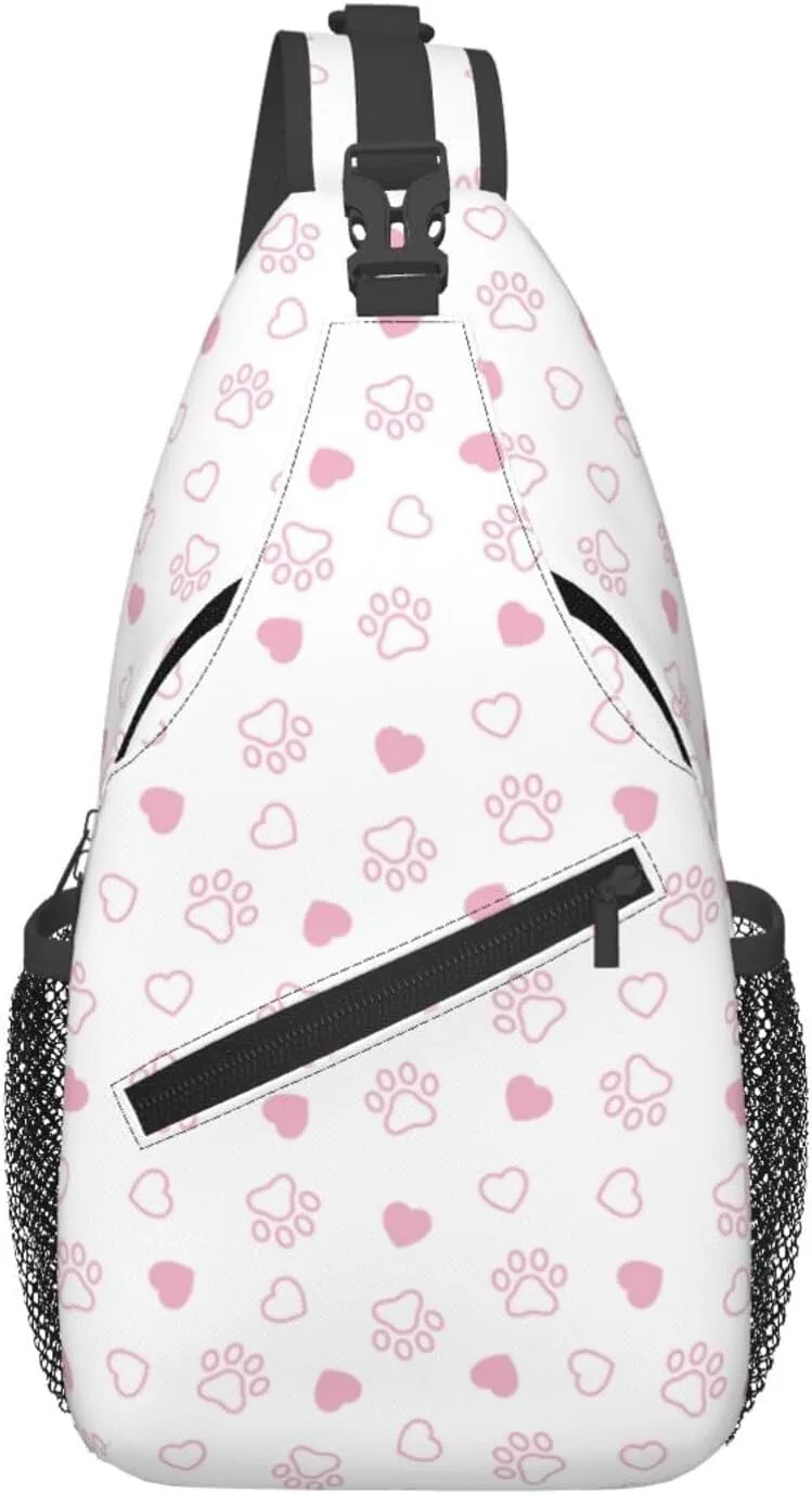 Dog Paw Footprint Pink Heart Cross Chest Bag Diagonally Hiking Crossbody Bag Travel Shoulder Daypack Lightweight Sling Backpack Cycling Daypacks Fitness Chest Backpacks