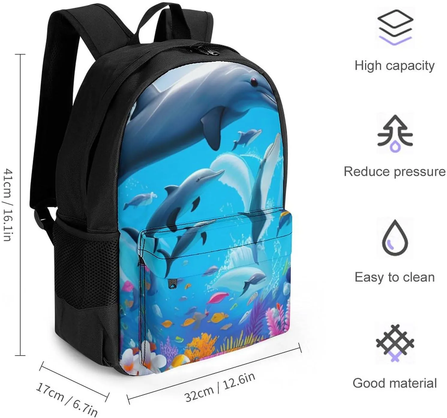 Dolphins Sea Underwater Beautiful Sea World Art Shoulder Book Bags Polyester Multipurpose Anti-Theft Carry On Bag Large Capacity Travel Hiking & Camping Rucksack
