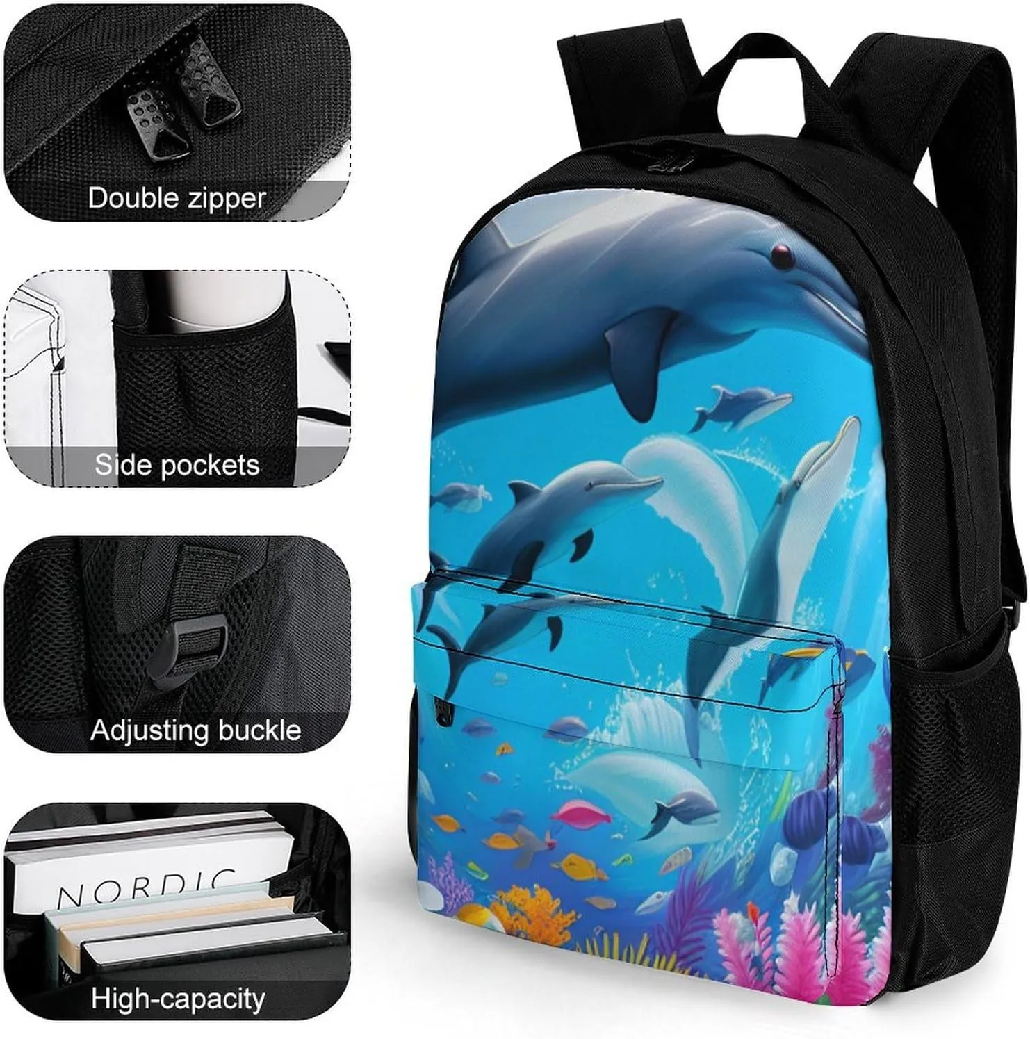 Dolphins Sea Underwater Beautiful Sea World Art Shoulder Book Bags Polyester Multipurpose Anti-Theft Carry On Bag Large Capacity Travel Hiking & Camping Rucksack