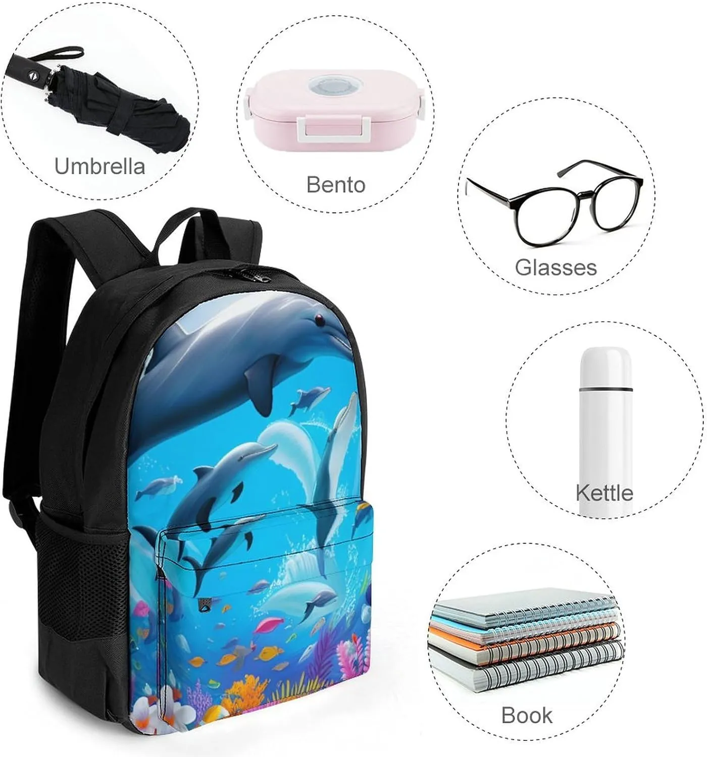 Dolphins Sea Underwater Beautiful Sea World Art Shoulder Book Bags Polyester Multipurpose Anti-Theft Carry On Bag Large Capacity Travel Hiking & Camping Rucksack