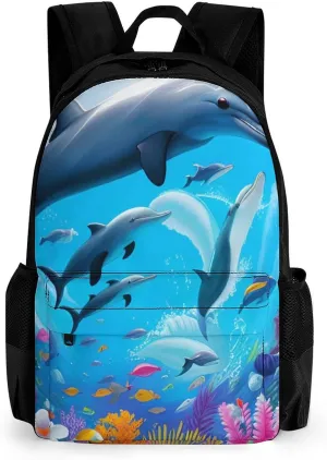 Dolphins Sea Underwater Beautiful Sea World Art Shoulder Book Bags Polyester Multipurpose Anti-Theft Carry On Bag Large Capacity Travel Hiking & Camping Rucksack