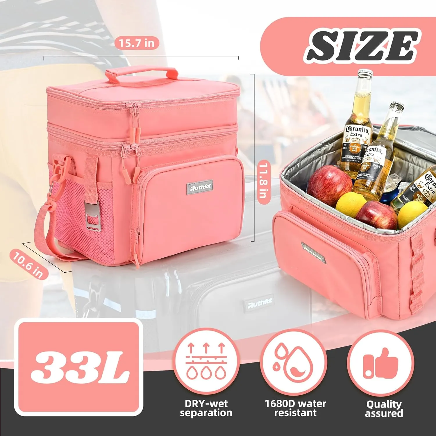 Double-Layer Insulated Cooler Foldable Lunch Box, Leakproof Cooler Bag for Men & Women, Shoulder Strap, Bottle Opener, for Beach, Camping, Car
