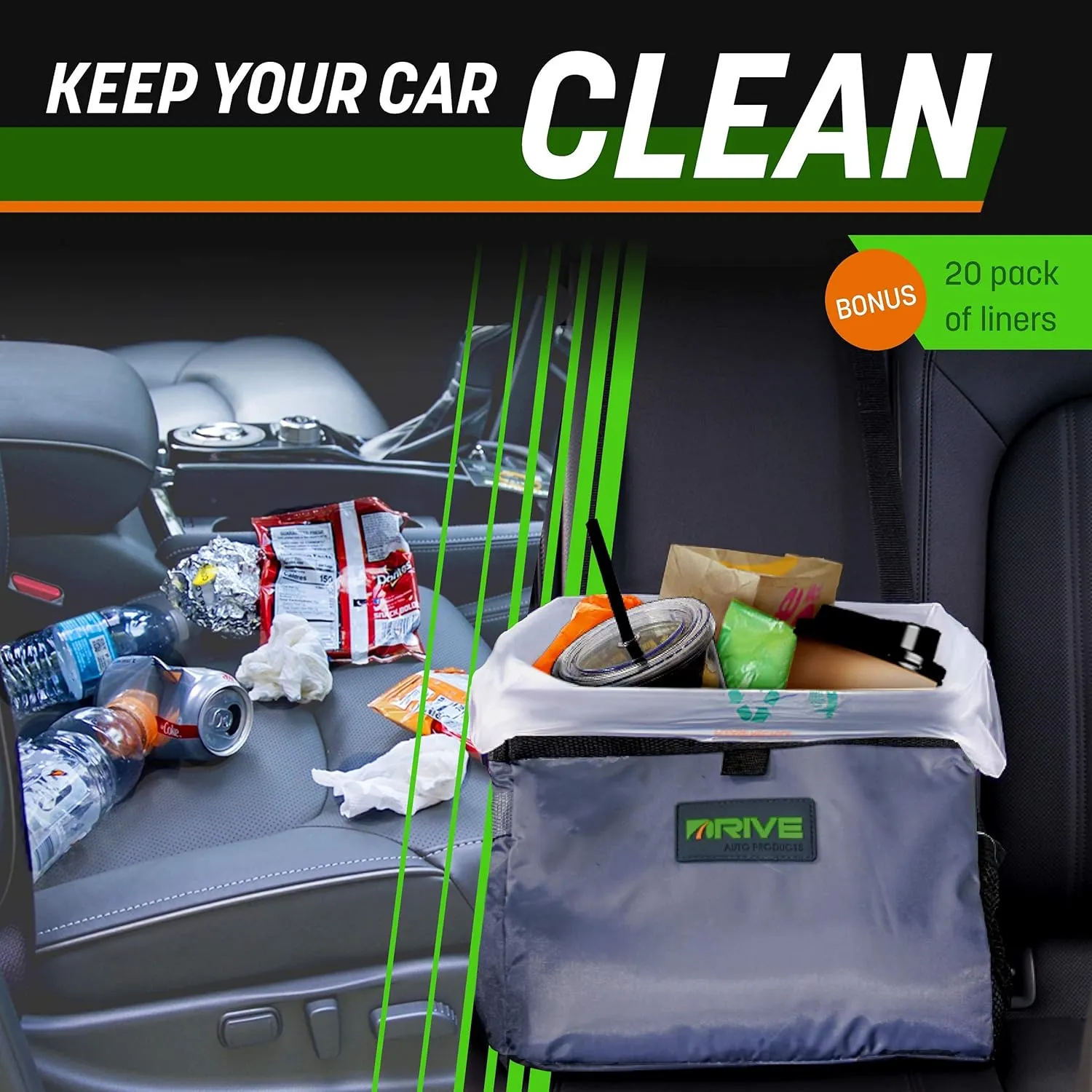 Drive Auto Car Trash Can - Collapsible, Leakproof Garbage Bin with Adjustable Strap and 20 Trash Bags - Car & Truck Accessories for Men and Women - Grey with Lid