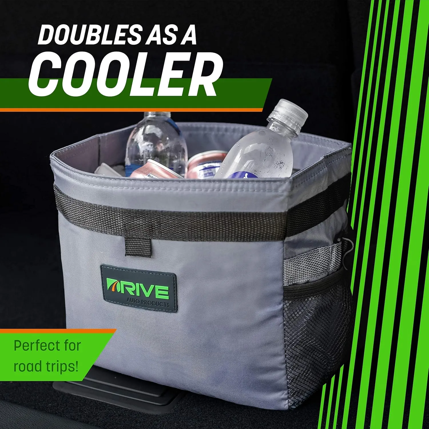 Drive Auto Car Trash Can - Collapsible, Leakproof Garbage Bin with Adjustable Strap and 20 Trash Bags - Car & Truck Accessories for Men and Women - Grey with Lid