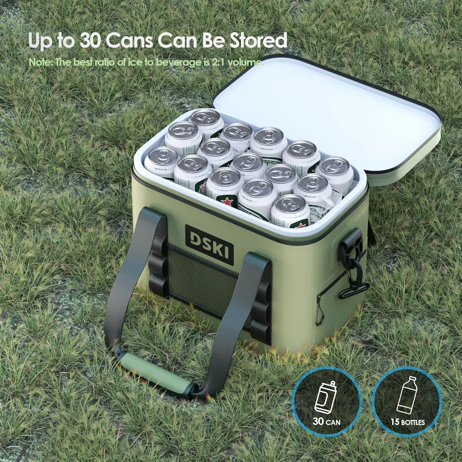 DSKI 34-Can Soft-Sided Cooler - Collapsible, Leak-Proof, Use as a Beach Cooler, Soft Ice Bag, Ice Chest, or Travel Cooler for Food Shopping, Camping, Kayaking, Fishing, and Multi-Person Lunch Bag