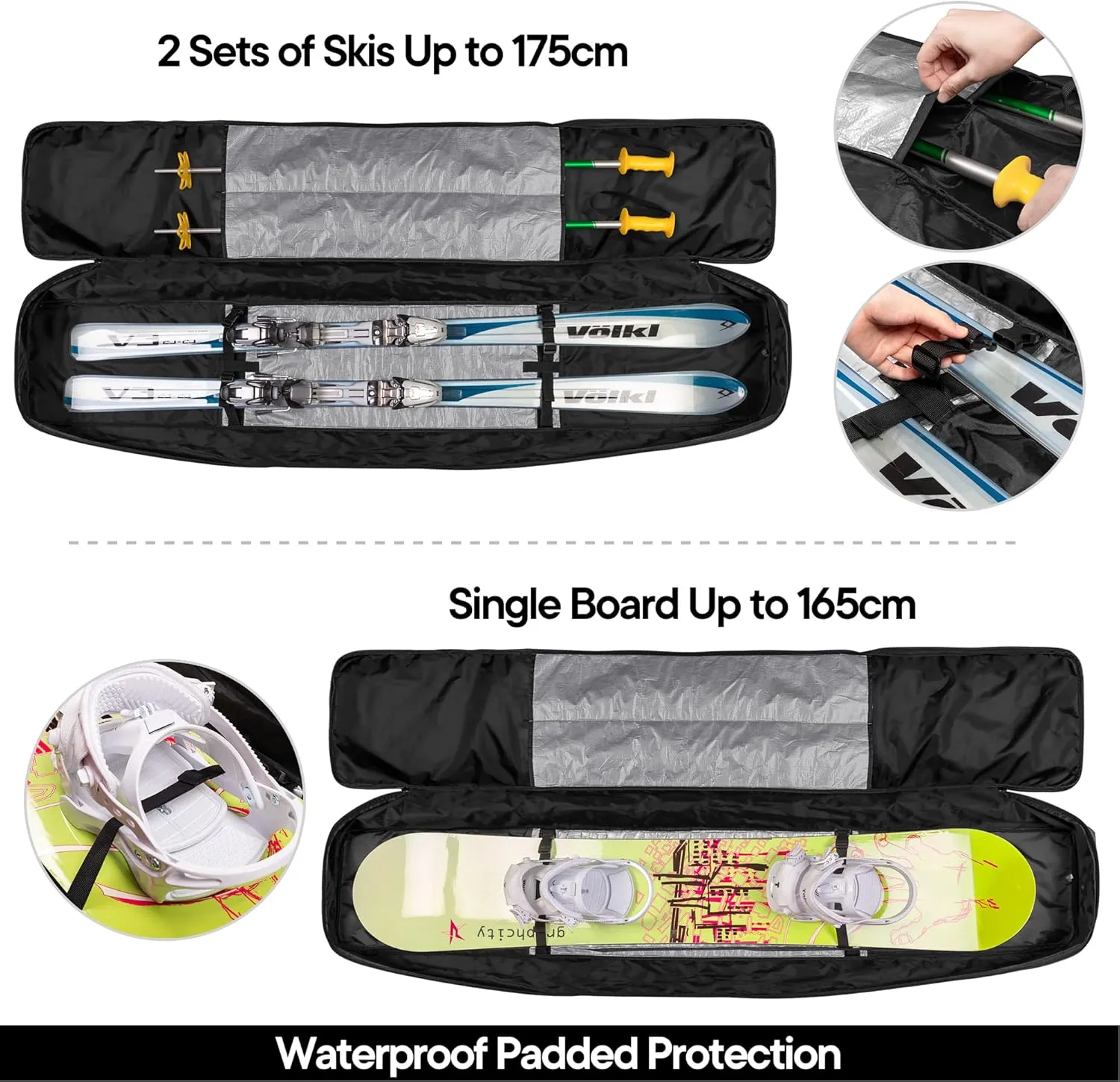 DSLEAF Ski Bag Holds A Board or A Pair of Skis, Snowboard Bag for Air Travel with Zippered Pockets for Goggles, Gloves and Other Essentials