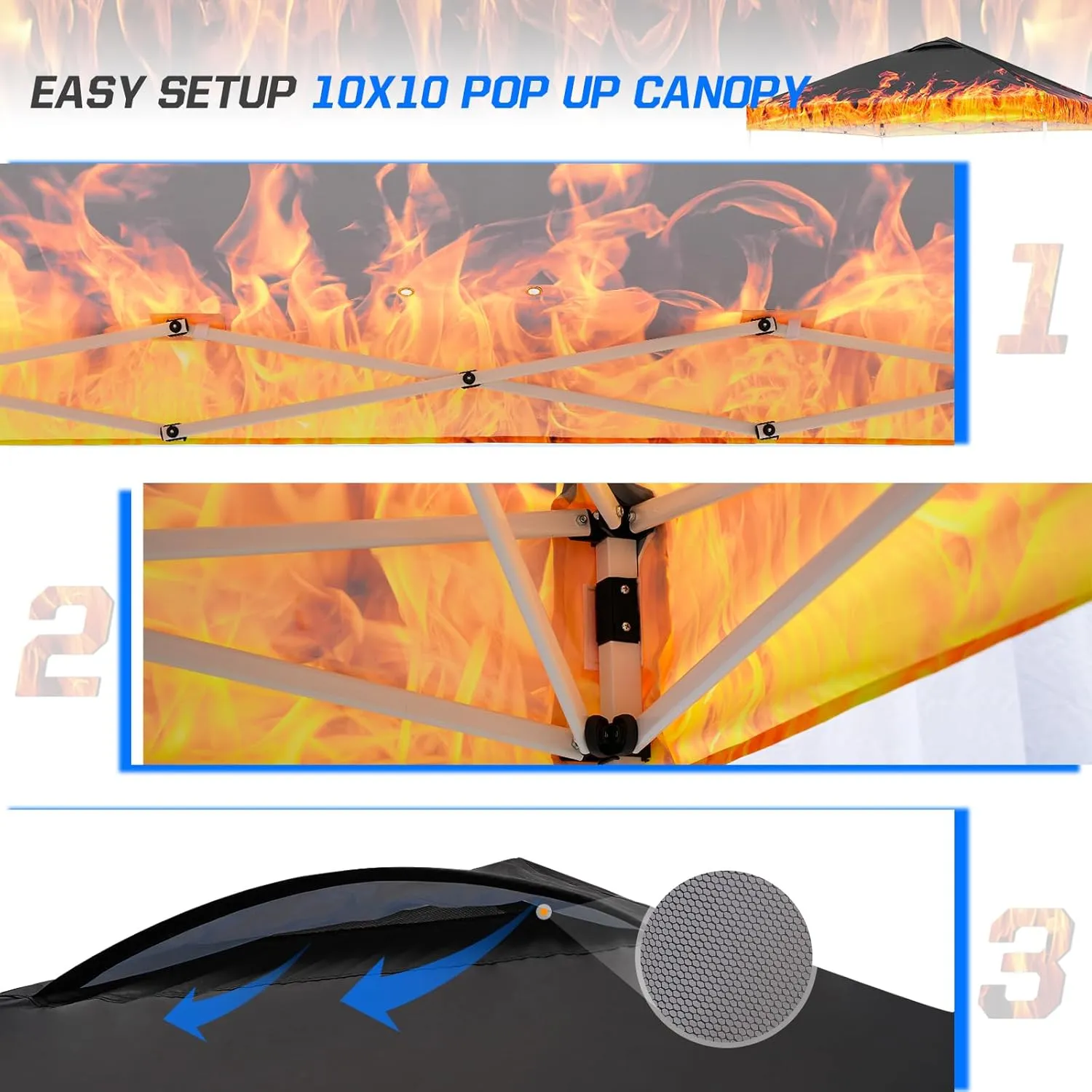 EAGLE PEAK Pop Up Canopy Tent with Wheeled Carry Bag, 8 Stakes, 4 Ropes, 4 Weight Bags, Easy Set Up Tent Canopy, 10x10 ft, 100sqft of Shade, Flame