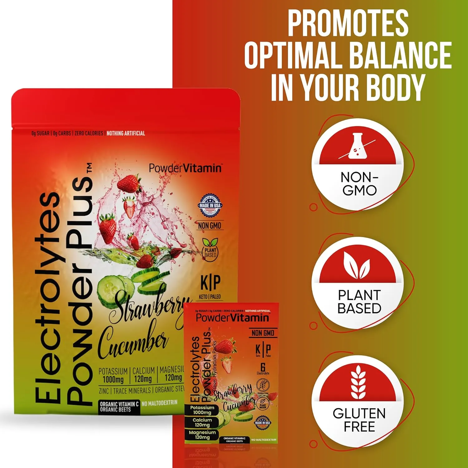 Electrolytes Powder Plus, Keto, Strawberry Cucumber, Sugar Free, Pink Himalayan Salt, 1000mg Potassium, 120mg Calcium, 120mg Magnesium, Non-GMO, Zero Calories, (16 Hydration Packets)