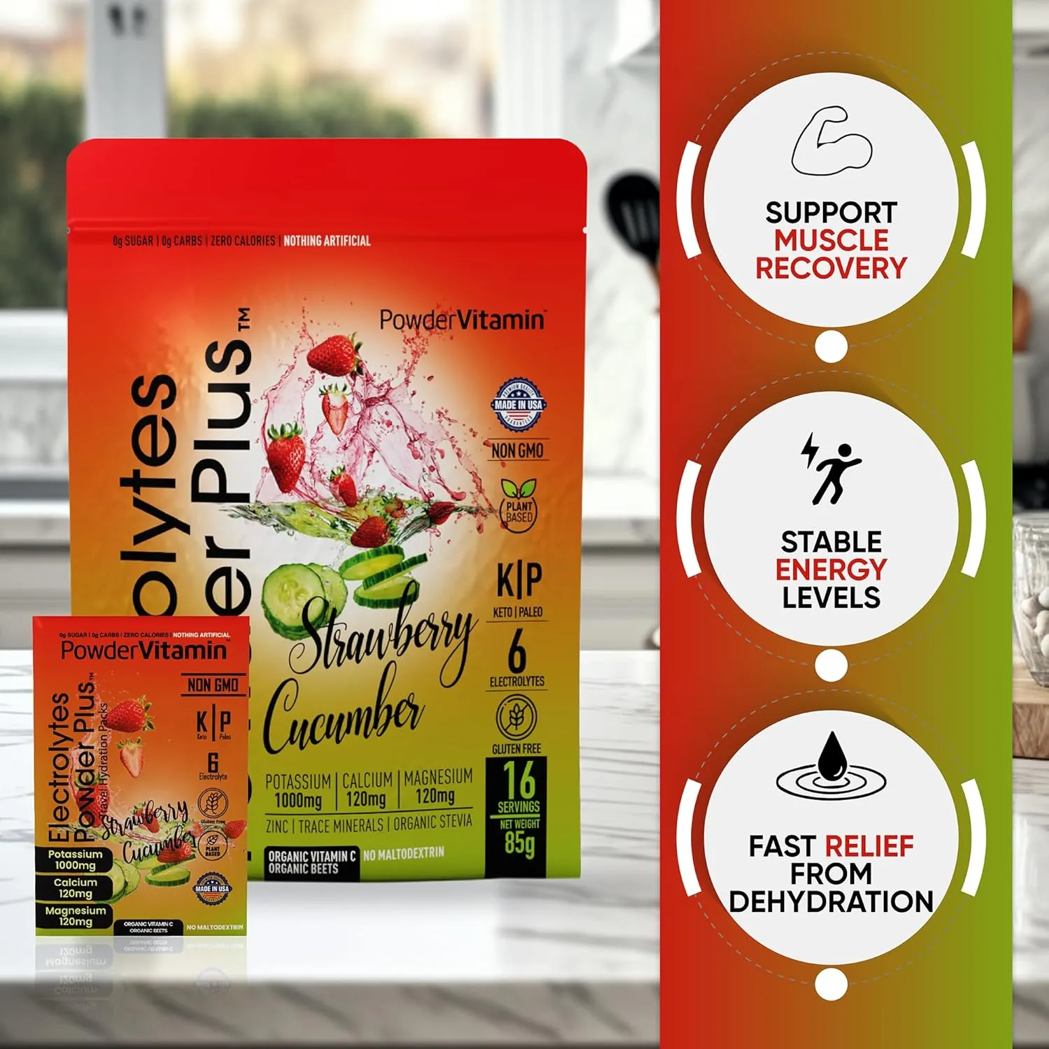 Electrolytes Powder Plus, Keto, Strawberry Cucumber, Sugar Free, Pink Himalayan Salt, 1000mg Potassium, 120mg Calcium, 120mg Magnesium, Non-GMO, Zero Calories, (16 Hydration Packets)