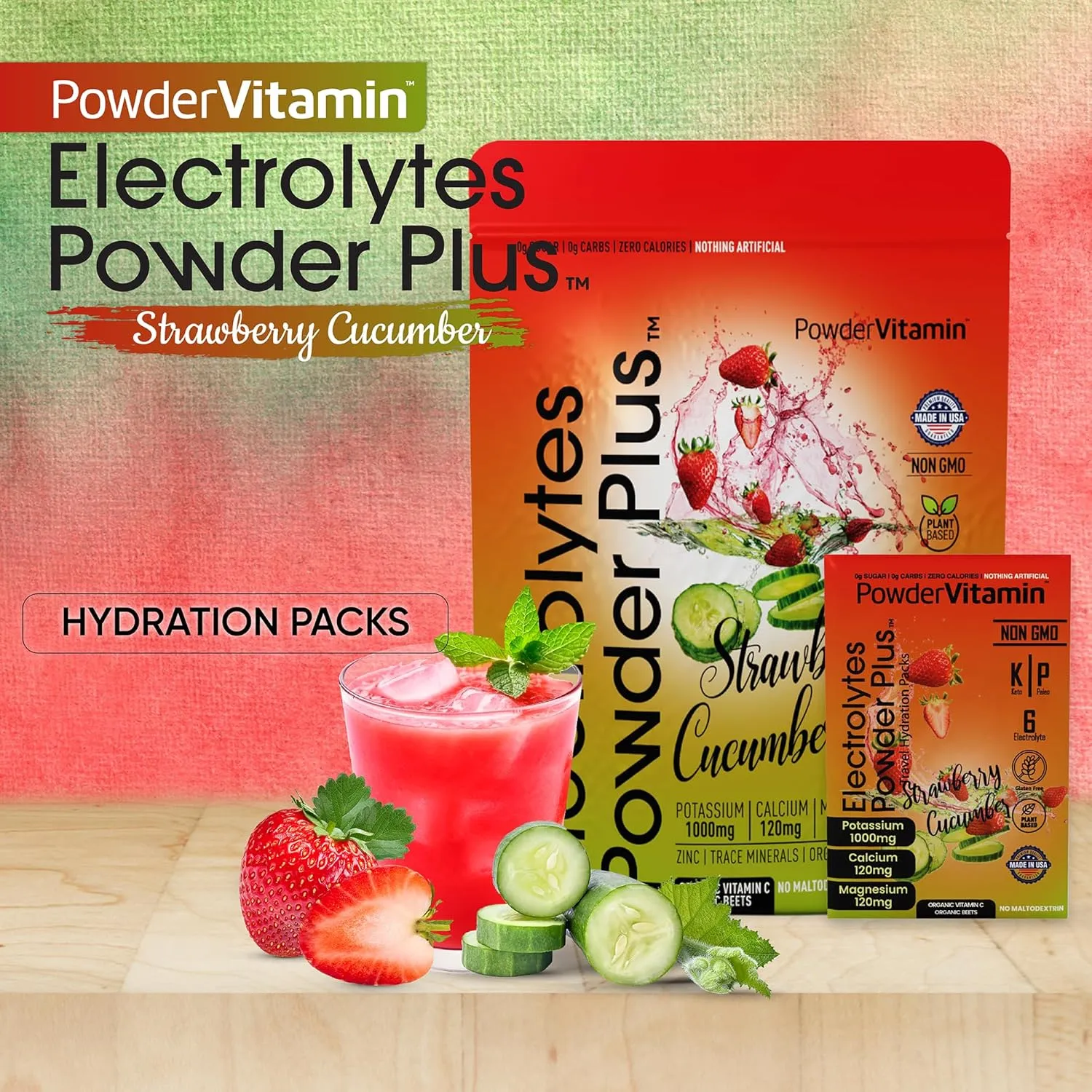 Electrolytes Powder Plus, Keto, Strawberry Cucumber, Sugar Free, Pink Himalayan Salt, 1000mg Potassium, 120mg Calcium, 120mg Magnesium, Non-GMO, Zero Calories, (16 Hydration Packets)