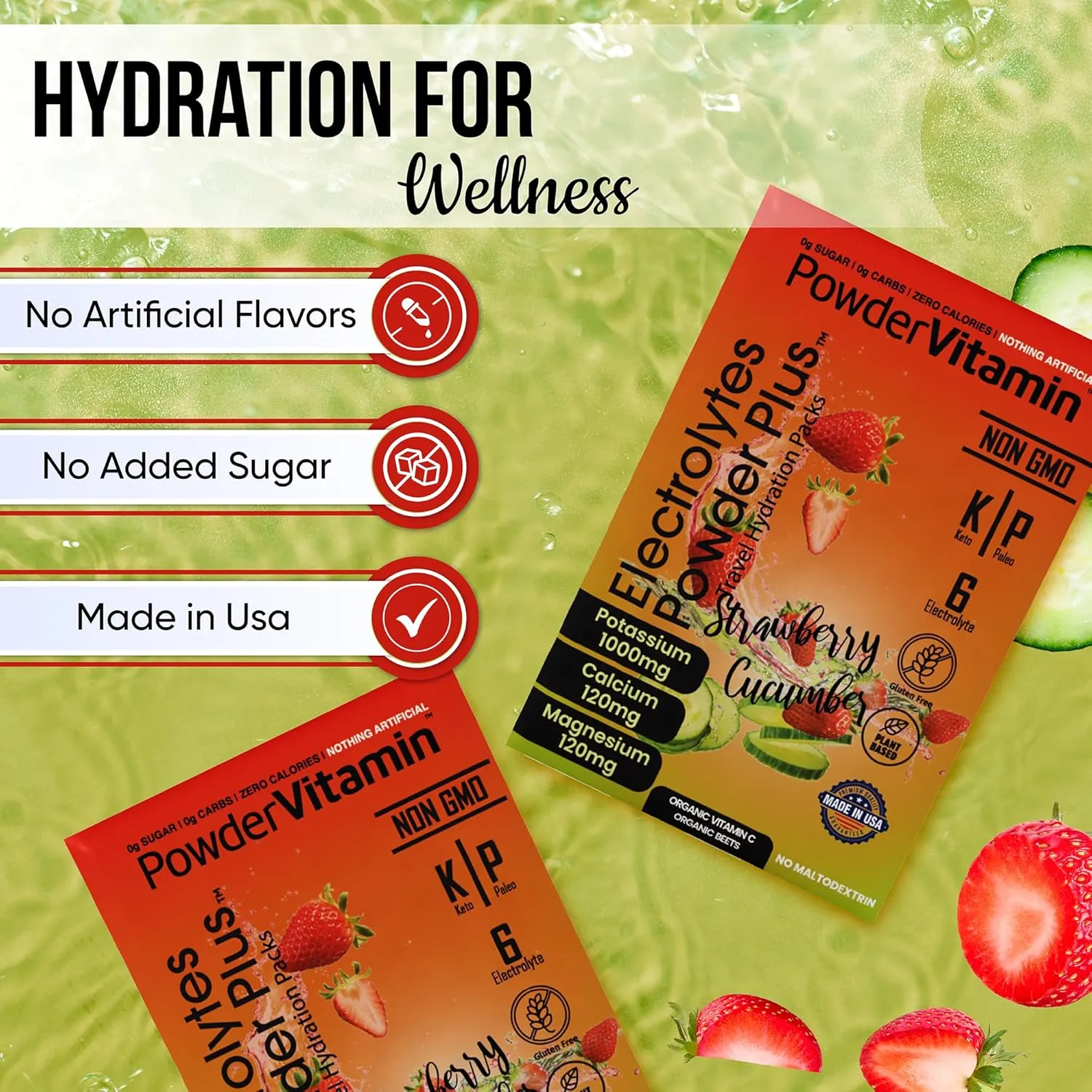 Electrolytes Powder Plus, Keto, Strawberry Cucumber, Sugar Free, Pink Himalayan Salt, 1000mg Potassium, 120mg Calcium, 120mg Magnesium, Non-GMO, Zero Calories, (16 Hydration Packets)