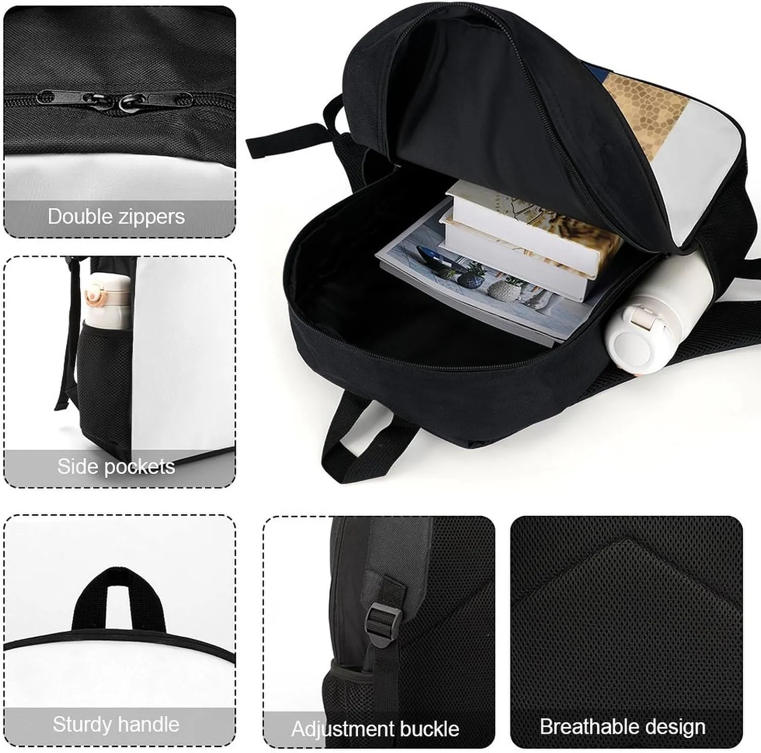 Elegant Faux Gold Navy Blue White Stripes Large Backpack Lightweight Waterproof Backpacks Laptop Backpack for Unisex Casual Travel Daypacks Large Capacity