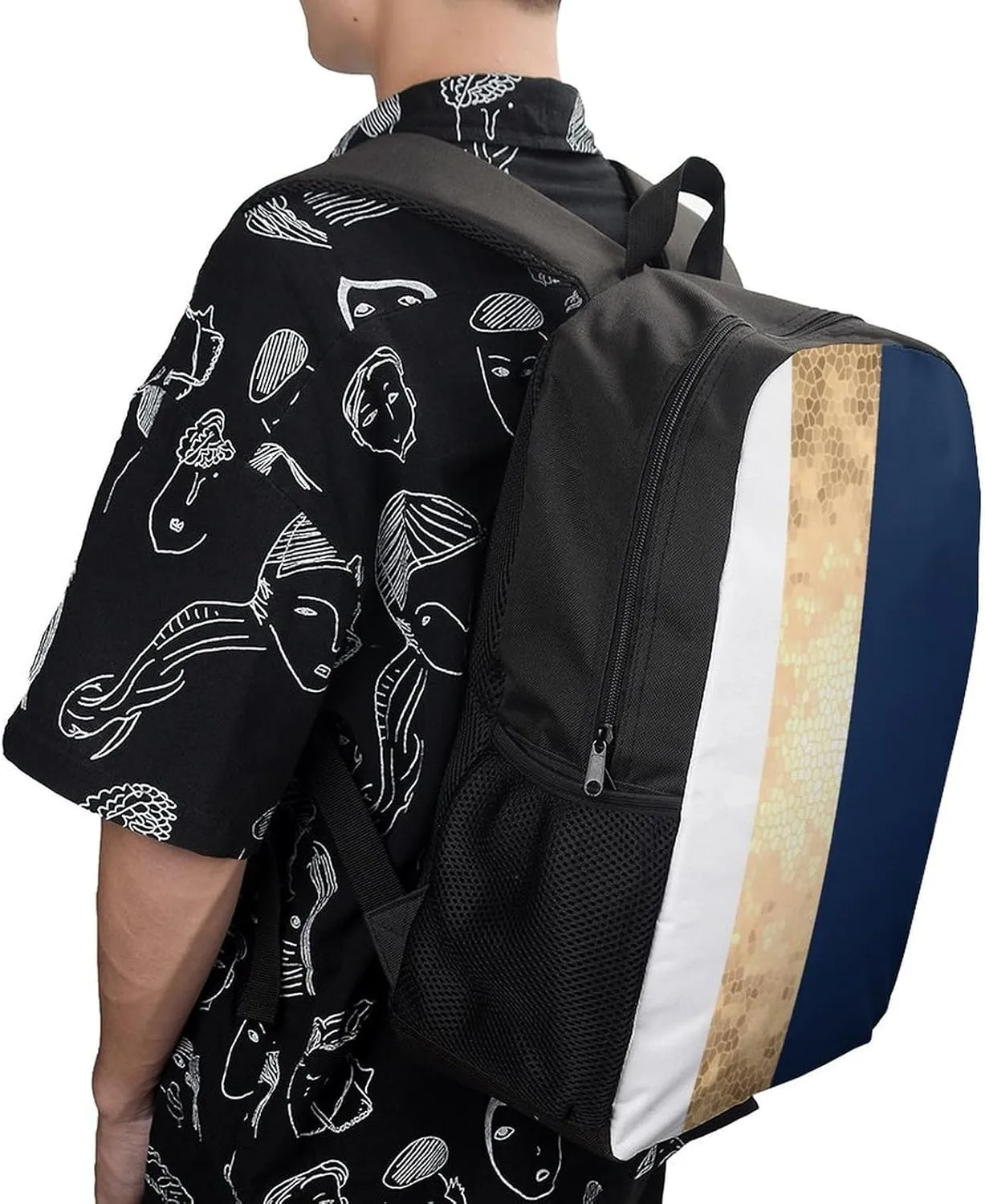 Elegant Faux Gold Navy Blue White Stripes Large Backpack Lightweight Waterproof Backpacks Laptop Backpack for Unisex Casual Travel Daypacks Large Capacity