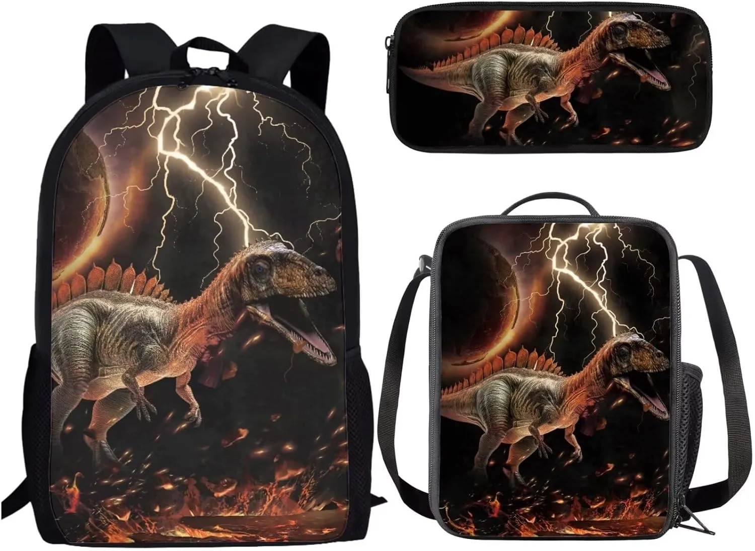 Elementary School Backpack 3D Dinosaur Printed Lightweight School Bookbag Zipper Schoolbag with Lunch Box and Pencil Case Teen Bookbag 3Pcs Gifts for Back to School Black