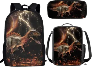 Elementary School Backpack 3D Dinosaur Printed Lightweight School Bookbag Zipper Schoolbag with Lunch Box and Pencil Case Teen Bookbag 3Pcs Gifts for Back to School Black