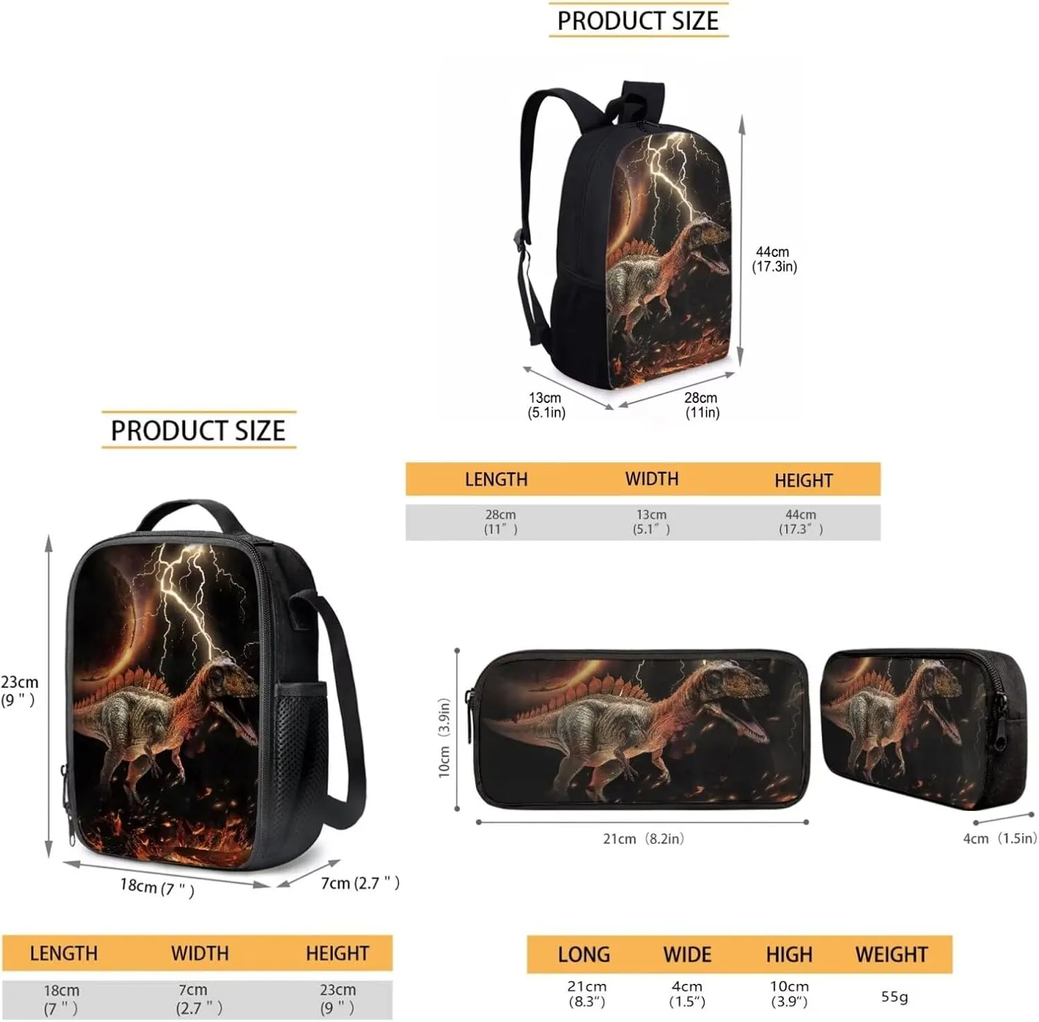 Elementary School Backpack 3D Dinosaur Printed Lightweight School Bookbag Zipper Schoolbag with Lunch Box and Pencil Case Teen Bookbag 3Pcs Gifts for Back to School Black