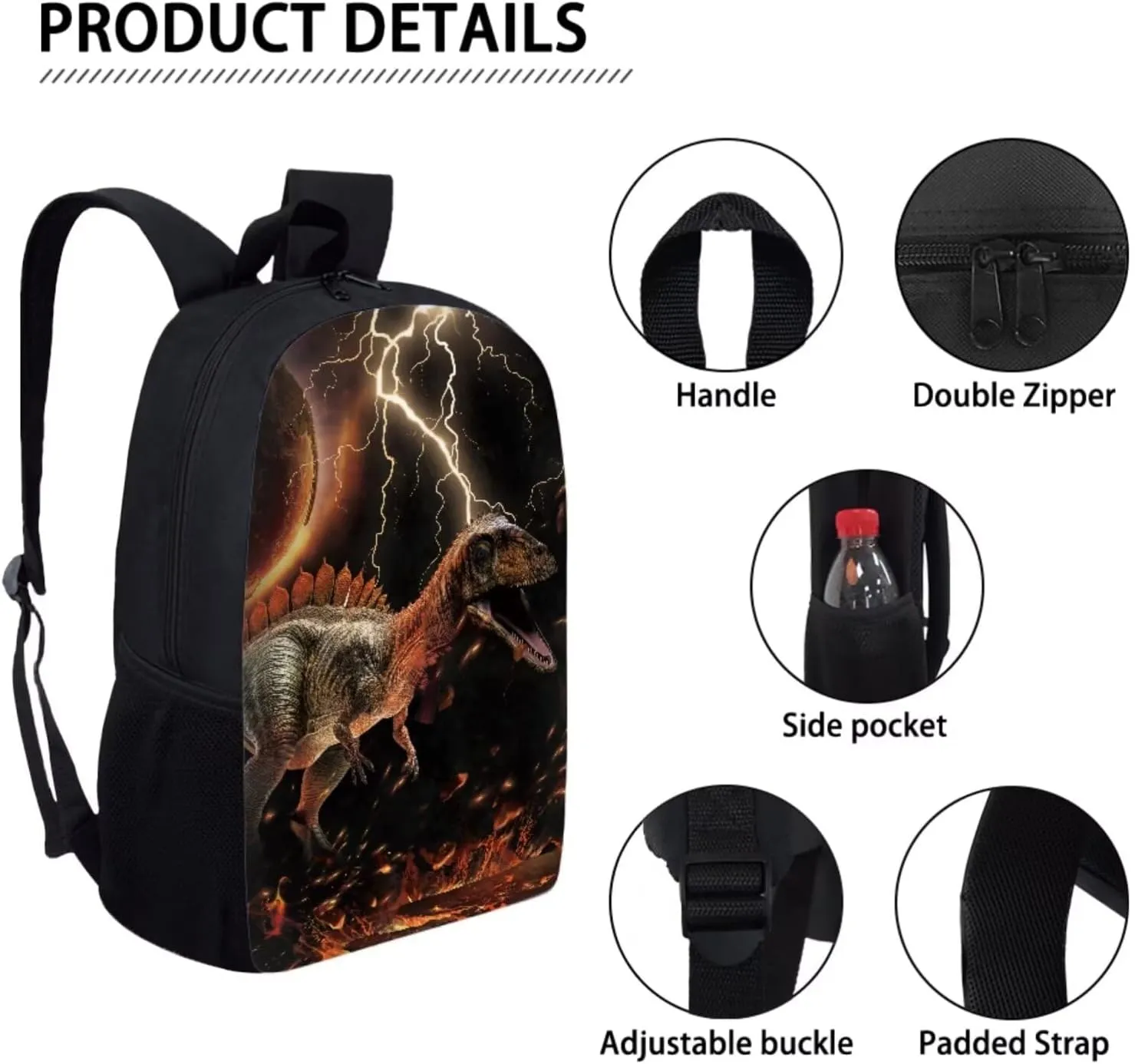 Elementary School Backpack 3D Dinosaur Printed Lightweight School Bookbag Zipper Schoolbag with Lunch Box and Pencil Case Teen Bookbag 3Pcs Gifts for Back to School Black