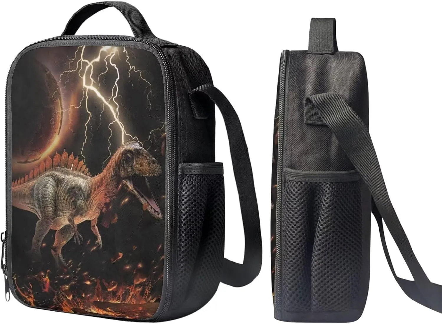 Elementary School Backpack 3D Dinosaur Printed Lightweight School Bookbag Zipper Schoolbag with Lunch Box and Pencil Case Teen Bookbag 3Pcs Gifts for Back to School Black