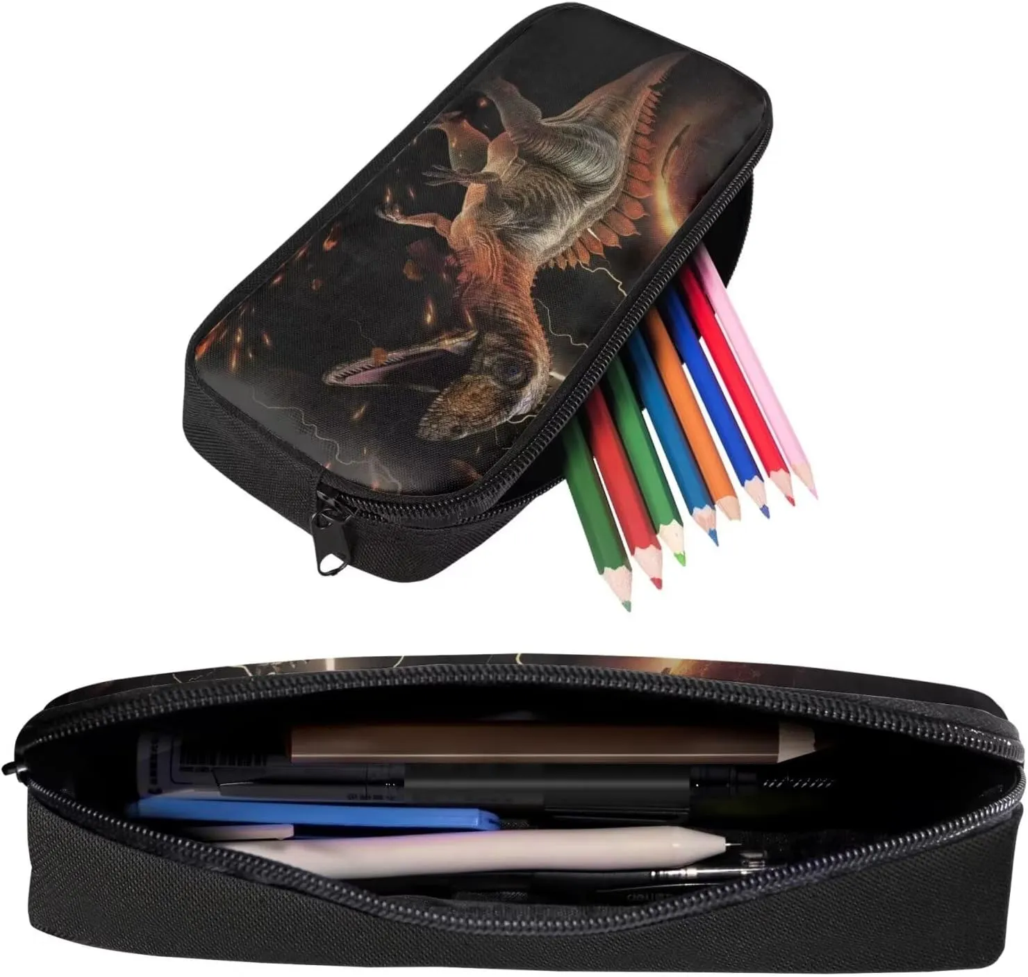 Elementary School Backpack 3D Dinosaur Printed Lightweight School Bookbag Zipper Schoolbag with Lunch Box and Pencil Case Teen Bookbag 3Pcs Gifts for Back to School Black