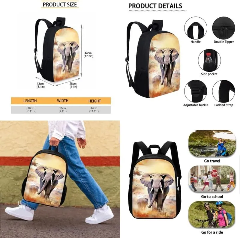 Elephant Parent Child School Backpack 3Pcs Set Yellow Watercolor Elephant Casual Daypacks Backpack 3D Jungle Animal Students Backpacks with Insulated Lunch Box and Pencil Case