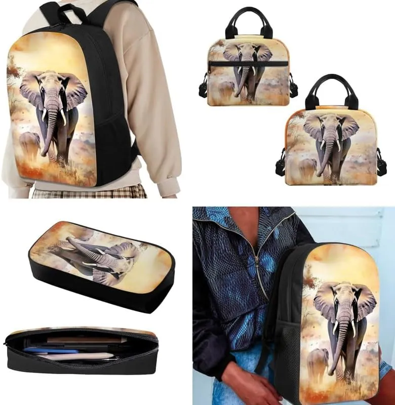 Elephant Parent Child School Backpack 3Pcs Set Yellow Watercolor Elephant Casual Daypacks Backpack 3D Jungle Animal Students Backpacks with Insulated Lunch Box and Pencil Case