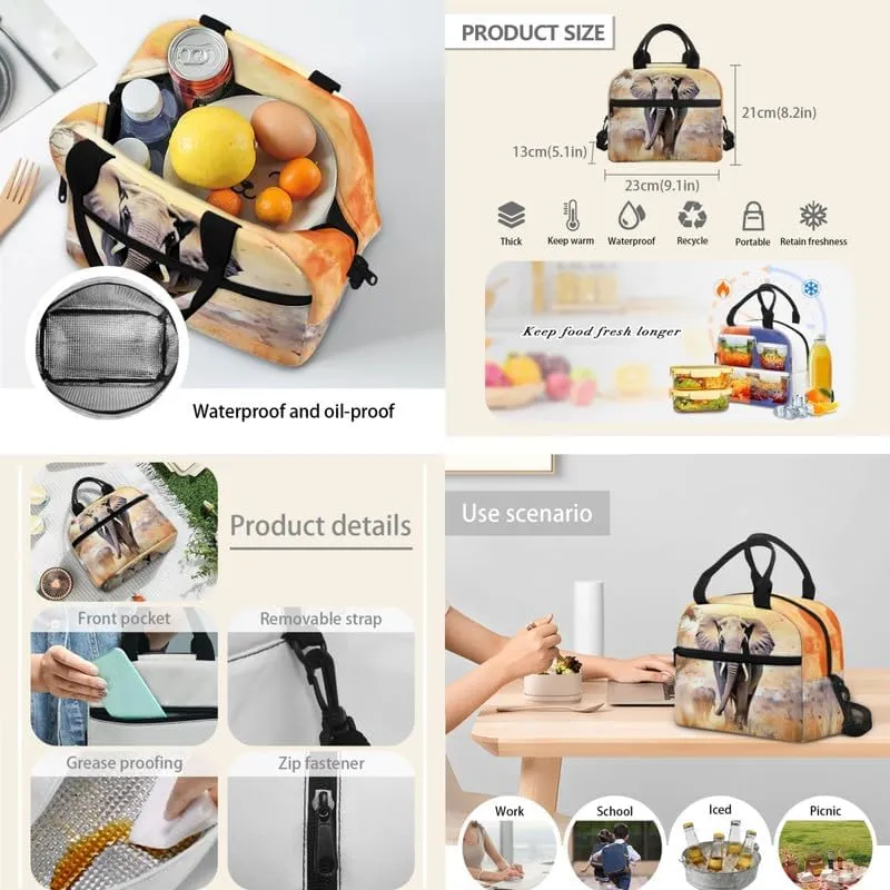 Elephant Parent Child School Backpack 3Pcs Set Yellow Watercolor Elephant Casual Daypacks Backpack 3D Jungle Animal Students Backpacks with Insulated Lunch Box and Pencil Case