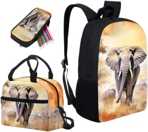 Elephant Parent Child School Backpack 3Pcs Set Yellow Watercolor Elephant Casual Daypacks Backpack 3D Jungle Animal Students Backpacks with Insulated Lunch Box and Pencil Case