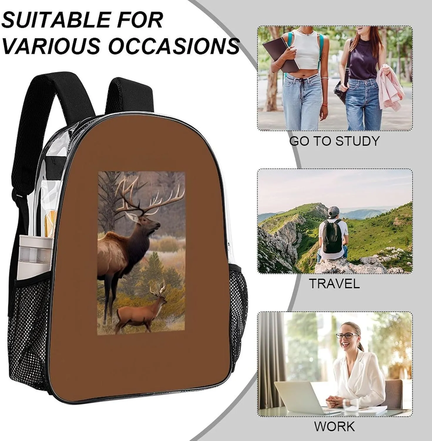 Elk Art Rucksack Transparent Anti-Theft Multipurpose Bookbag Big Capacity Travel and Sport Backpack Rucksack With Side Pockets
