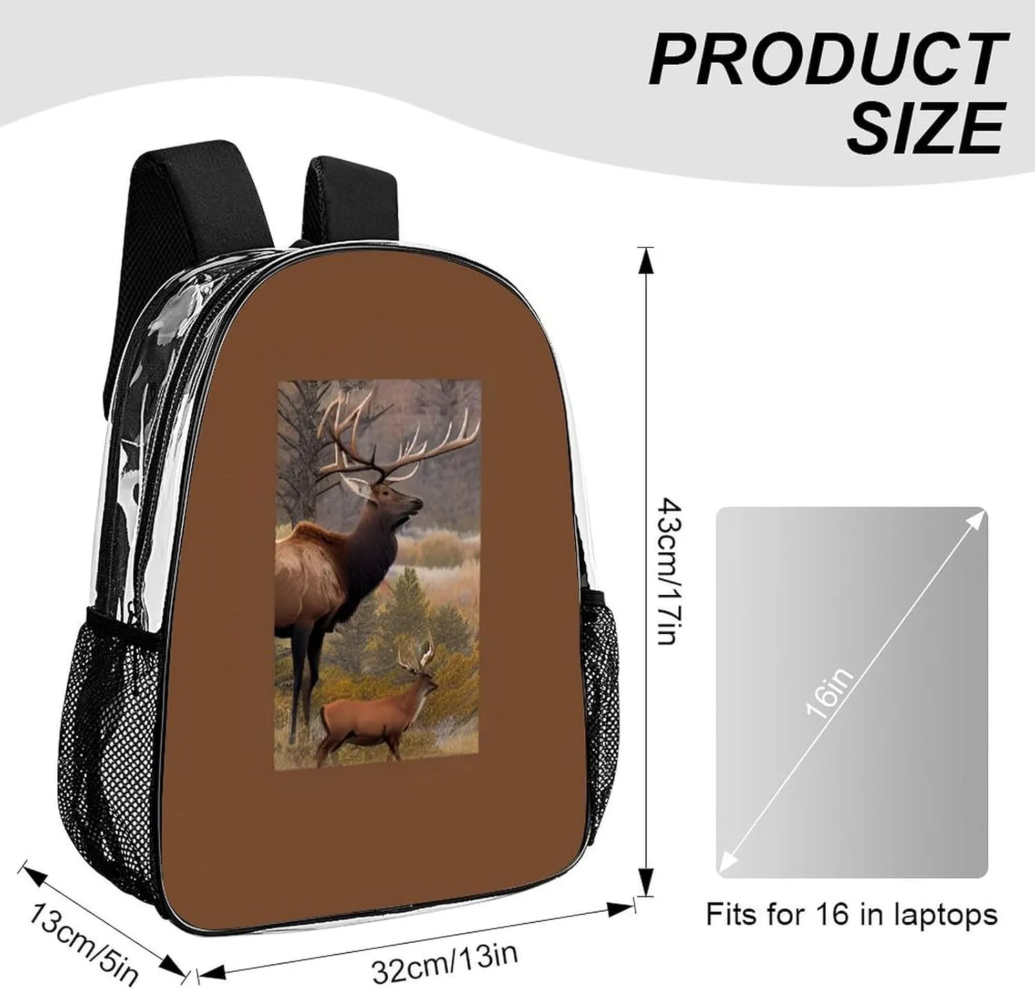 Elk Art Rucksack Transparent Anti-Theft Multipurpose Bookbag Big Capacity Travel and Sport Backpack Rucksack With Side Pockets