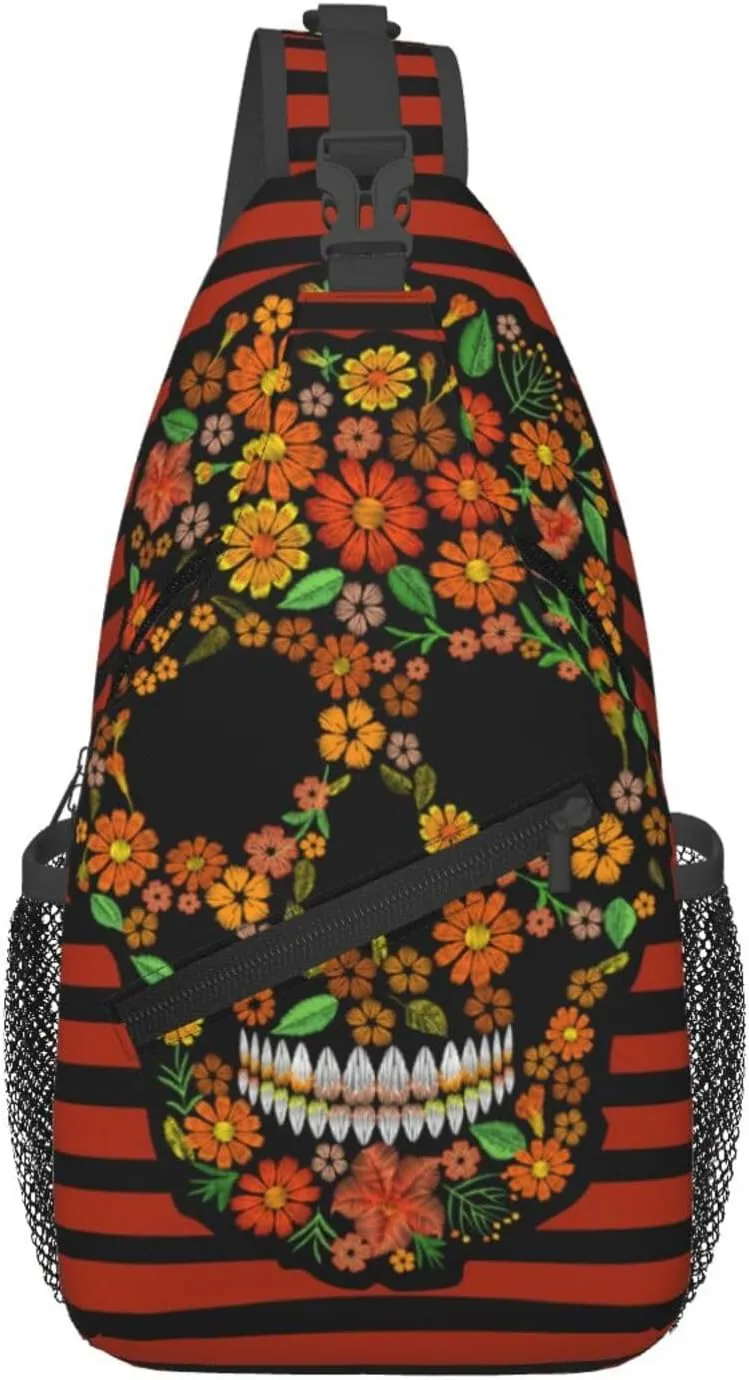 Embroidery Flower Skull Black Orange Stripes Cross Chest Bag Diagonally Hiking Crossbody Bag Travel Shoulder Daypack Lightweight Sling Backpack Cycling Daypacks Fitness Chest Backpacks