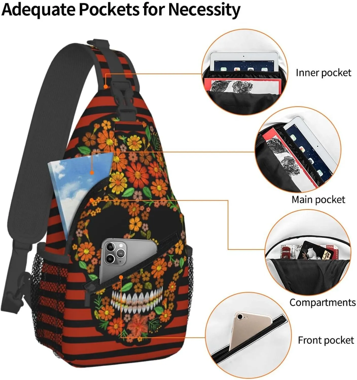 Embroidery Flower Skull Black Orange Stripes Cross Chest Bag Diagonally Hiking Crossbody Bag Travel Shoulder Daypack Lightweight Sling Backpack Cycling Daypacks Fitness Chest Backpacks