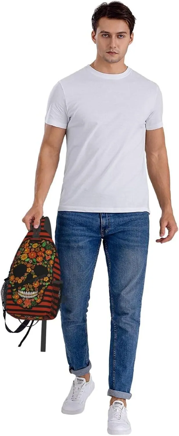 Embroidery Flower Skull Black Orange Stripes Cross Chest Bag Diagonally Hiking Crossbody Bag Travel Shoulder Daypack Lightweight Sling Backpack Cycling Daypacks Fitness Chest Backpacks