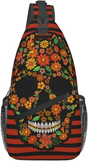 Embroidery Flower Skull Black Orange Stripes Cross Chest Bag Diagonally Hiking Crossbody Bag Travel Shoulder Daypack Lightweight Sling Backpack Cycling Daypacks Fitness Chest Backpacks