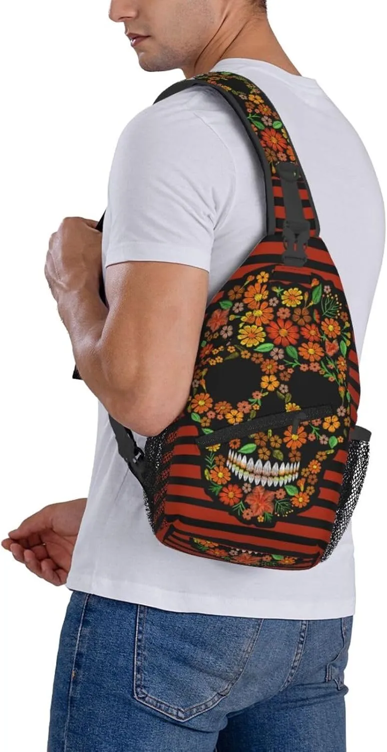 Embroidery Flower Skull Black Orange Stripes Cross Chest Bag Diagonally Hiking Crossbody Bag Travel Shoulder Daypack Lightweight Sling Backpack Cycling Daypacks Fitness Chest Backpacks