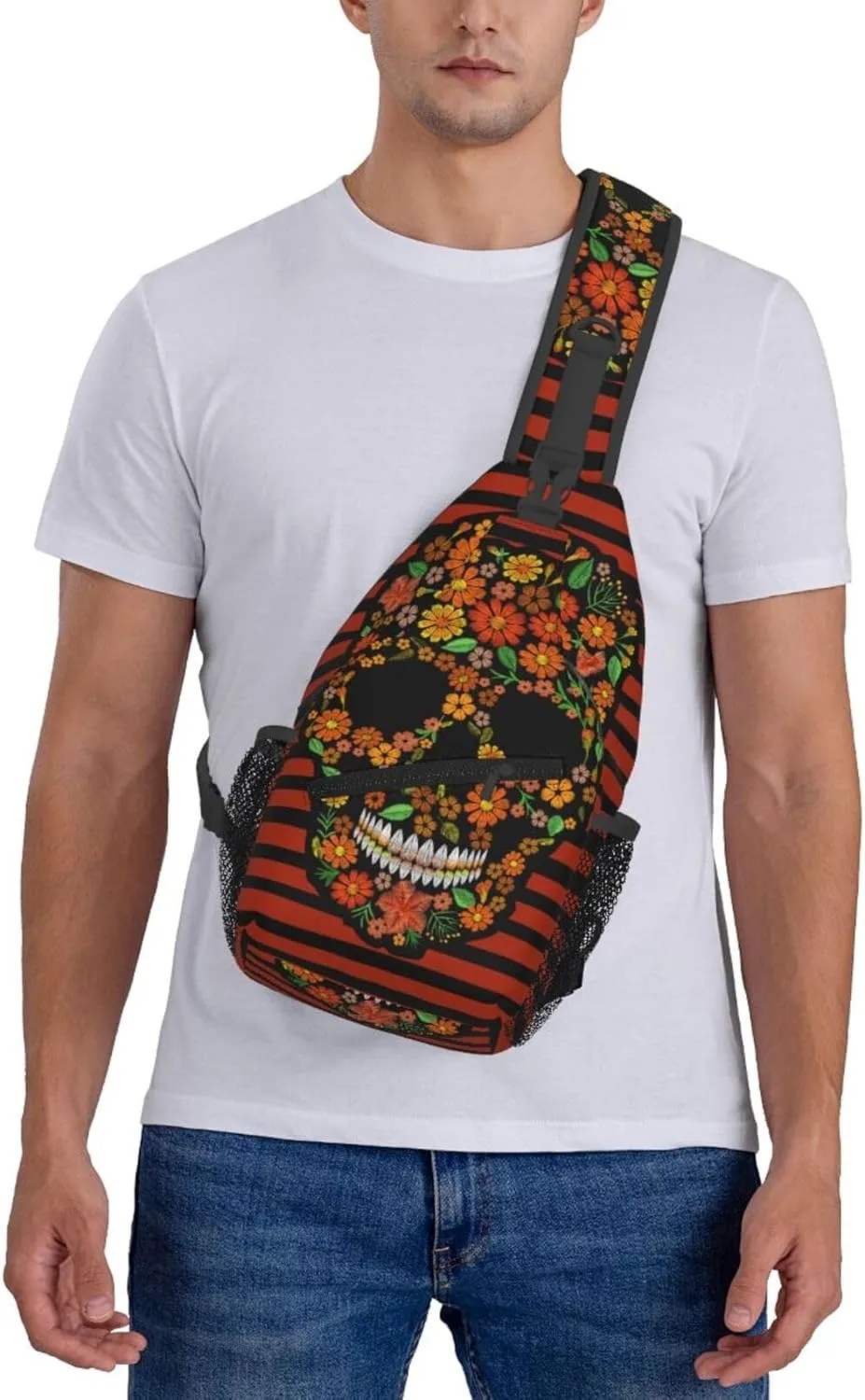 Embroidery Flower Skull Black Orange Stripes Cross Chest Bag Diagonally Hiking Crossbody Bag Travel Shoulder Daypack Lightweight Sling Backpack Cycling Daypacks Fitness Chest Backpacks