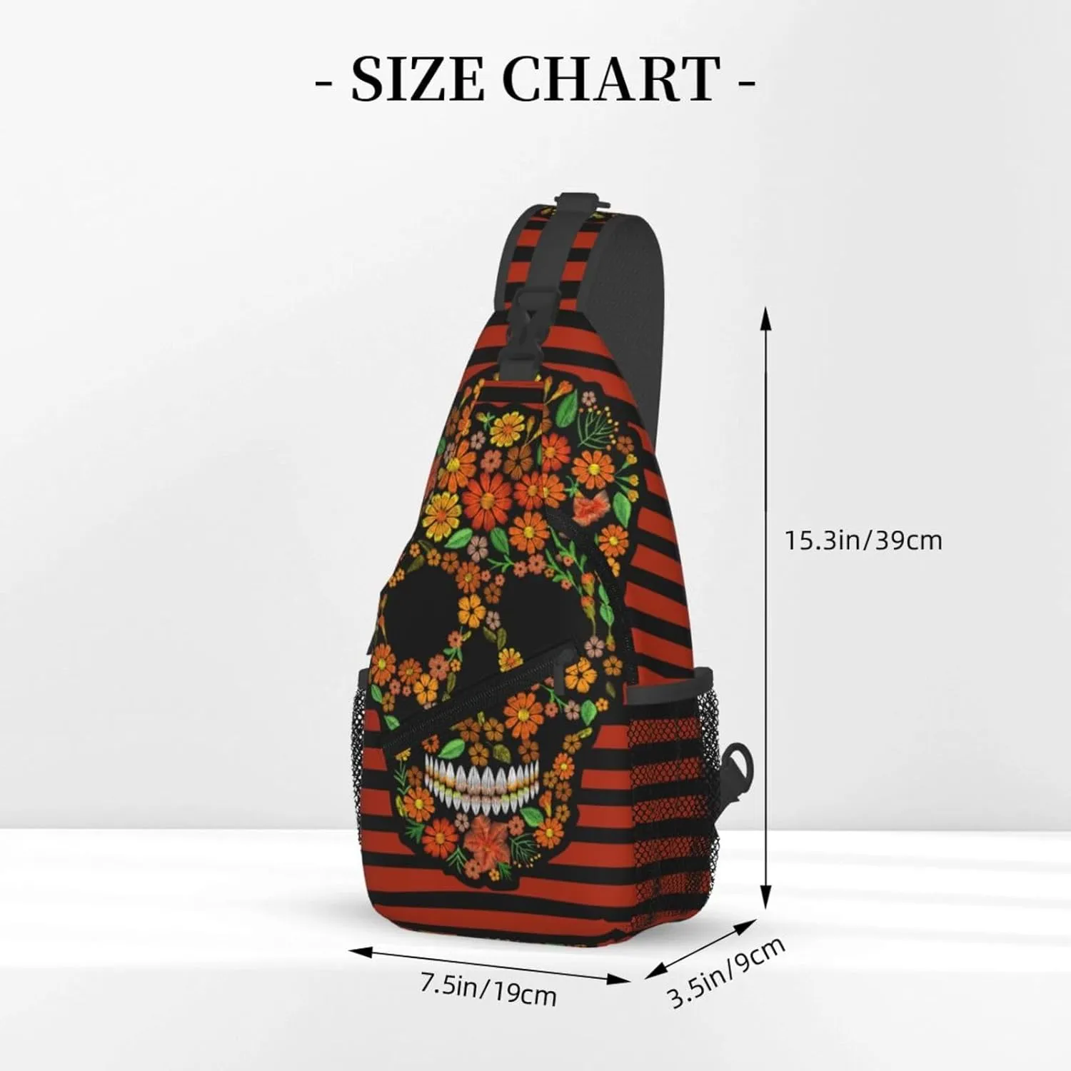 Embroidery Flower Skull Black Orange Stripes Cross Chest Bag Diagonally Hiking Crossbody Bag Travel Shoulder Daypack Lightweight Sling Backpack Cycling Daypacks Fitness Chest Backpacks