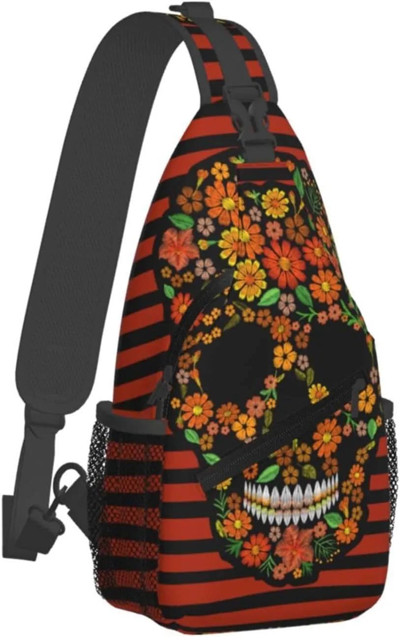Embroidery Flower Skull Black Orange Stripes Cross Chest Bag Diagonally Hiking Crossbody Bag Travel Shoulder Daypack Lightweight Sling Backpack Cycling Daypacks Fitness Chest Backpacks