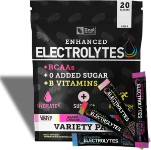 Enhanced Electrolyte Powder Stick Packs (Variety Pack - 20 Packets) w 0 Sugar  BCAAs  B-Vitamins Electrolyte Supplement w Potassium Zinc & Magnesium for Hydration - Keto Electrolytes