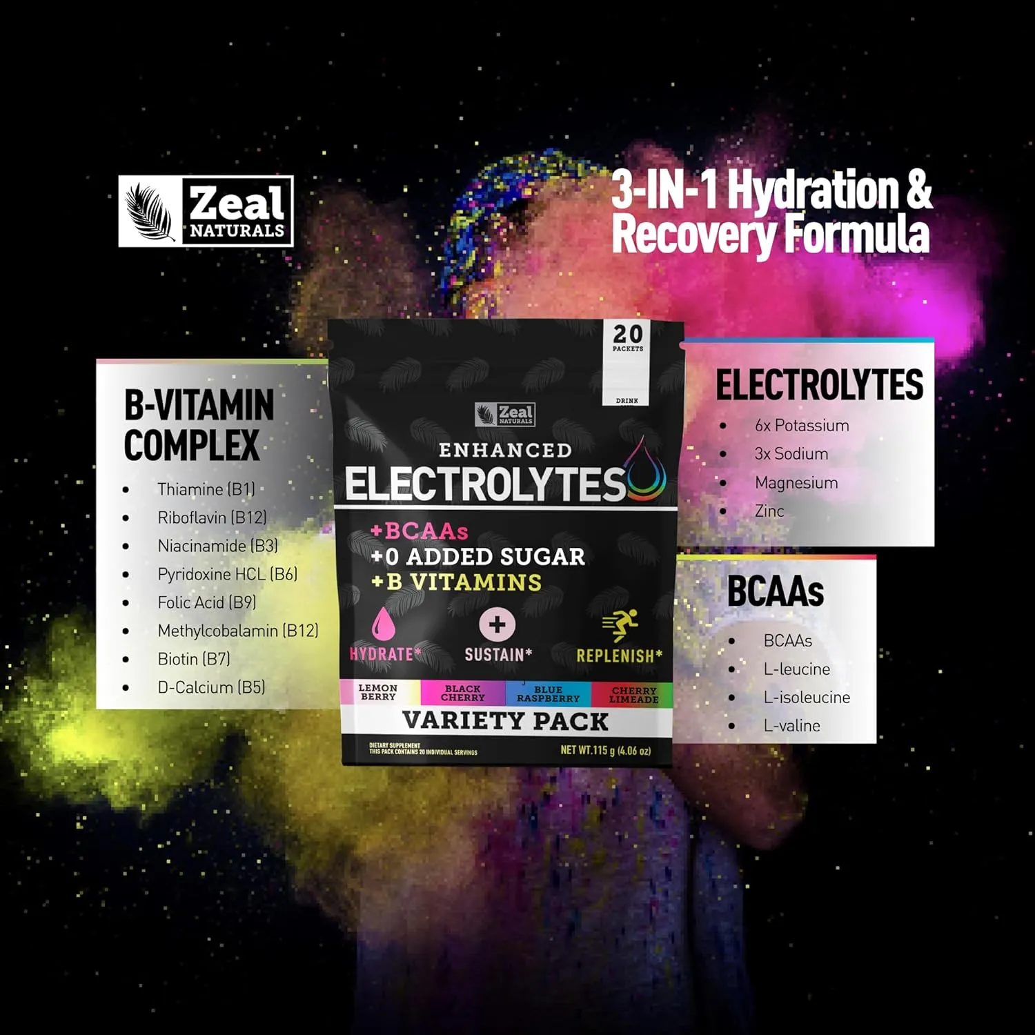 Enhanced Electrolyte Powder Stick Packs (Variety Pack - 20 Packets) w 0 Sugar  BCAAs  B-Vitamins Electrolyte Supplement w Potassium Zinc & Magnesium for Hydration - Keto Electrolytes