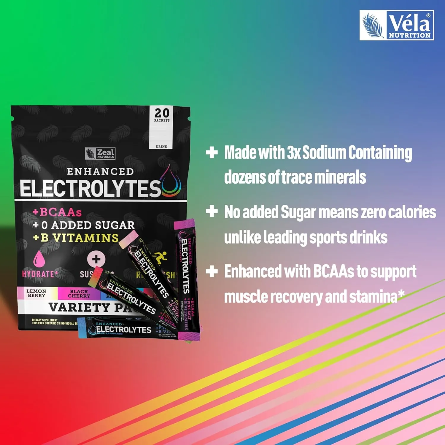 Enhanced Electrolyte Powder Stick Packs (Variety Pack - 20 Packets) w 0 Sugar  BCAAs  B-Vitamins Electrolyte Supplement w Potassium Zinc & Magnesium for Hydration - Keto Electrolytes