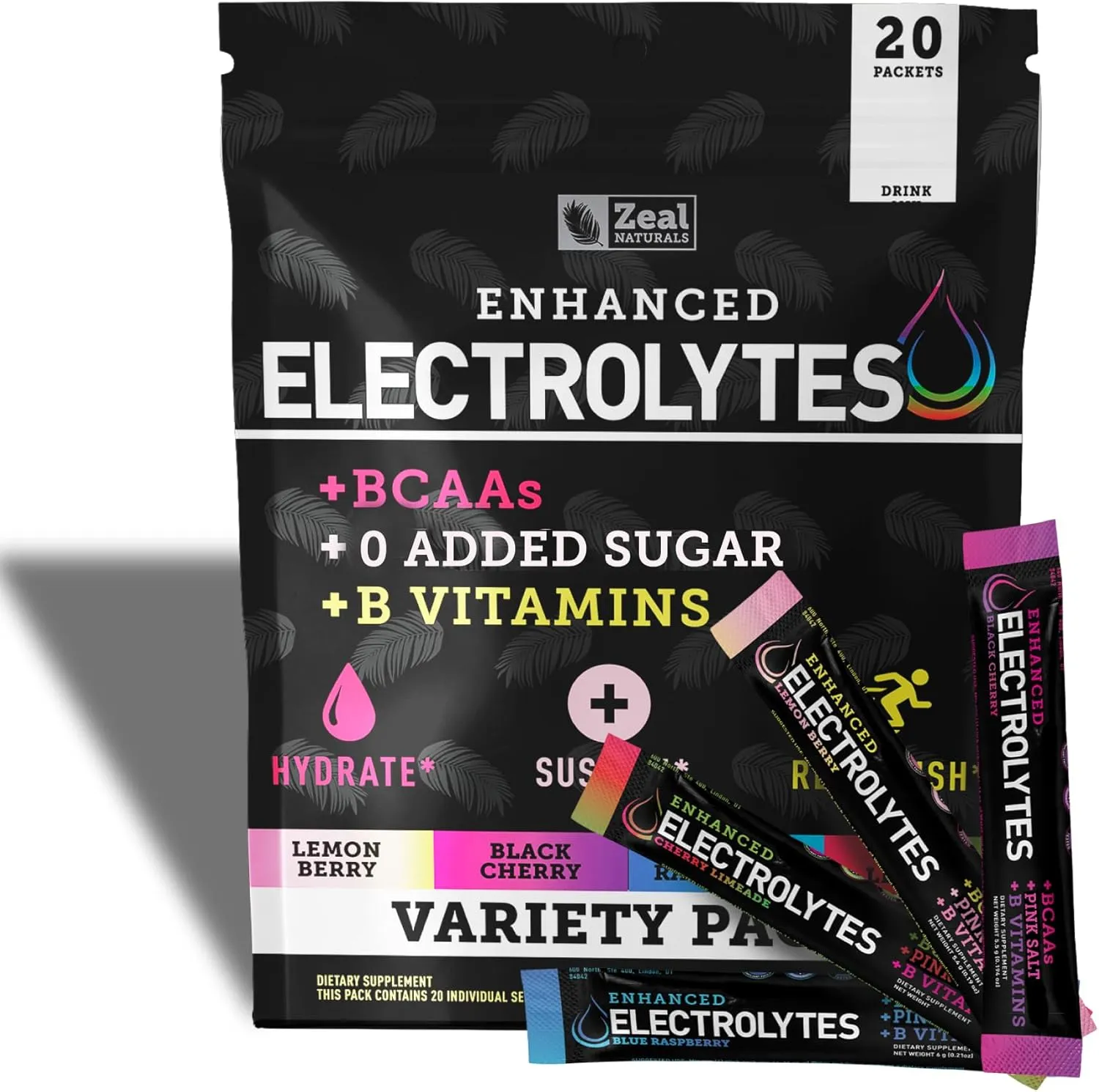 Enhanced Electrolyte Powder Stick Packs (Variety Pack - 20 Packets) w 0 Sugar  BCAAs  B-Vitamins Electrolyte Supplement w Potassium Zinc & Magnesium for Hydration - Keto Electrolytes