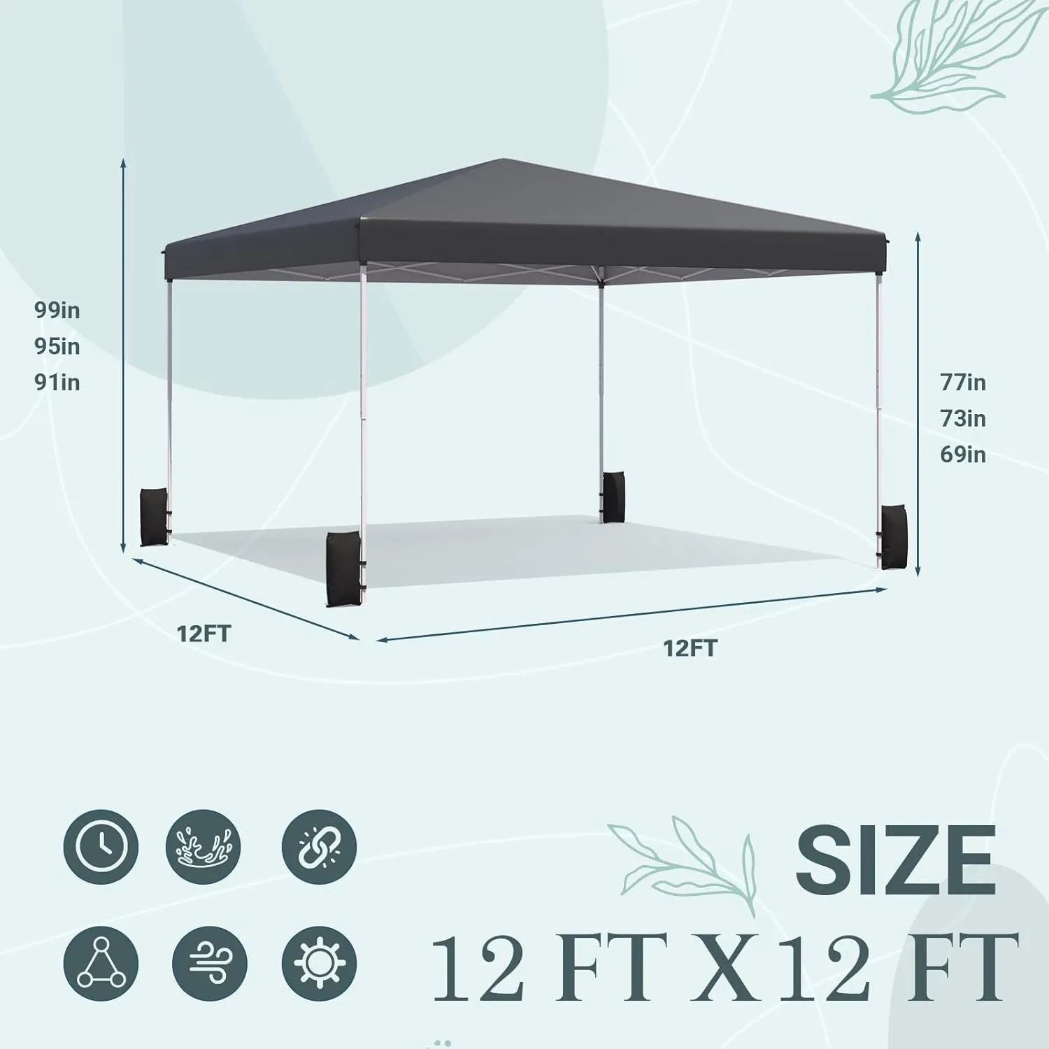 EROMMY 12x12 Pop Up Tent, Easy to Set Up Canopy Tent, Outdoor Canopy for Events, Camping, Parties with Wheeled Bag, 4 Ropes, 4 Sand Bags and 8 Spikes(Black)