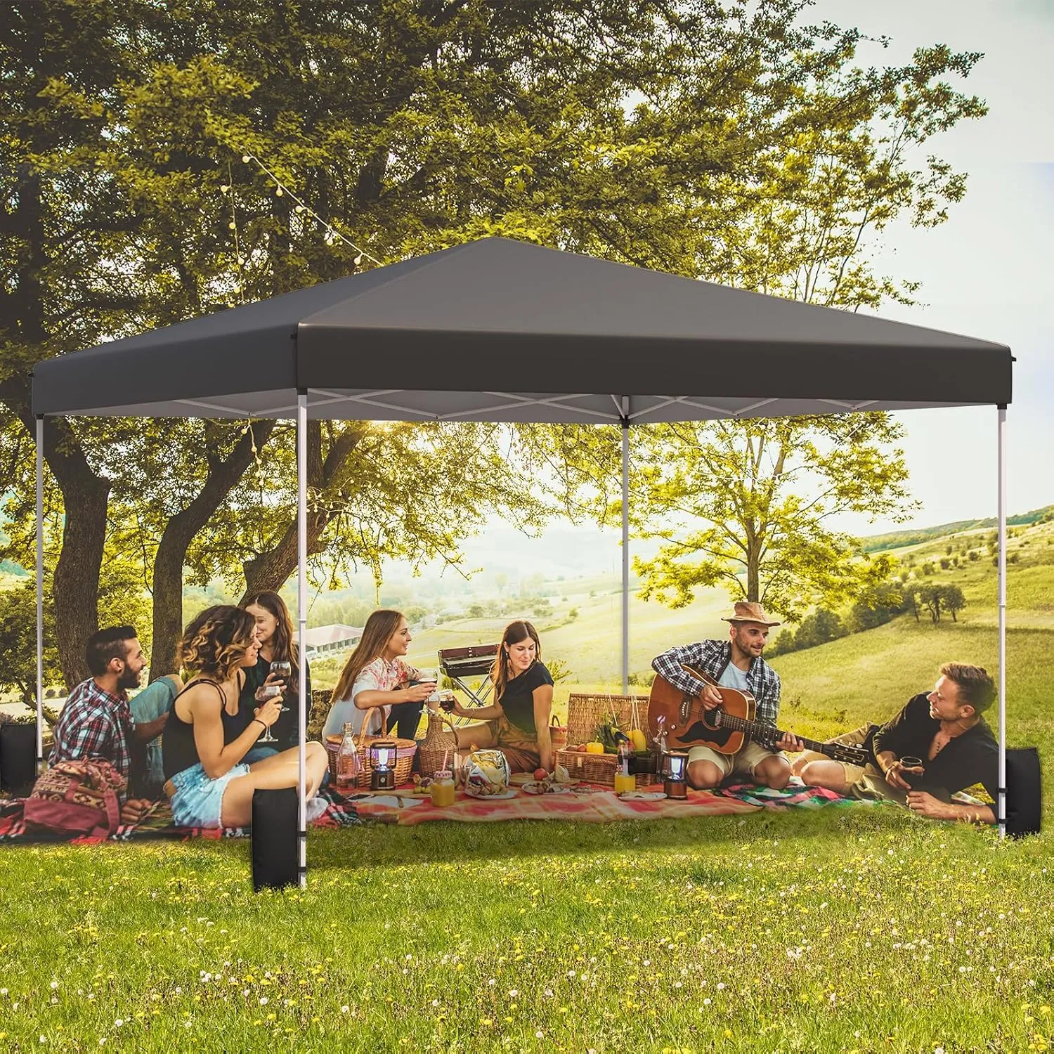 EROMMY 12x12 Pop Up Tent, Easy to Set Up Canopy Tent, Outdoor Canopy for Events, Camping, Parties with Wheeled Bag, 4 Ropes, 4 Sand Bags and 8 Spikes(Black)