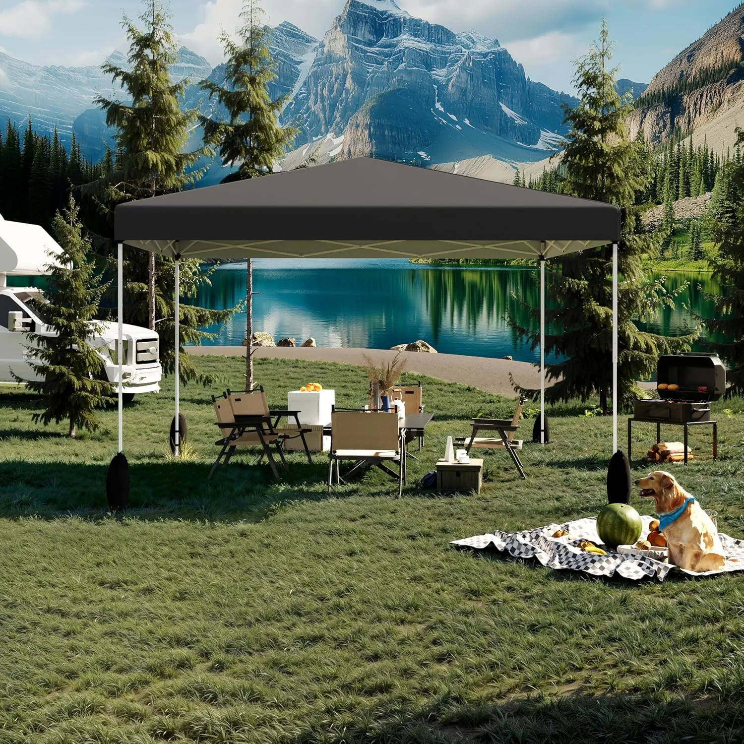 EROMMY 12x12 Pop Up Tent, Easy to Set Up Canopy Tent, Outdoor Canopy for Events, Camping, Parties with Wheeled Bag, 4 Ropes, 4 Sand Bags and 8 Spikes(Black)