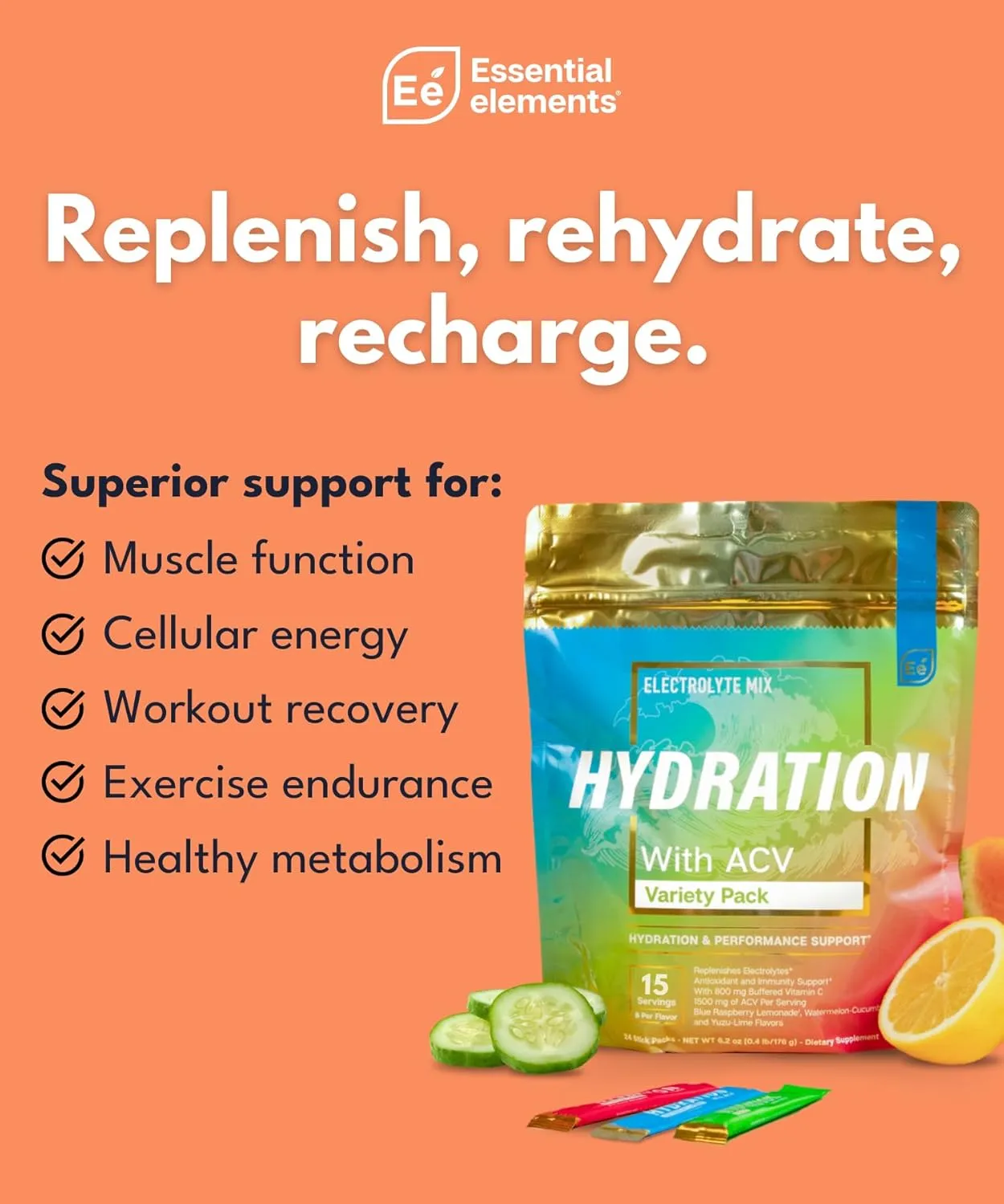 Essential Elements Hydration Packets - Variety Pack - Sugar Free Electrolytes Powder Packets - 15 Stick Packs of Electrolytes Powder No Sugar - Hydration Drink - with ACV & Vitamin C