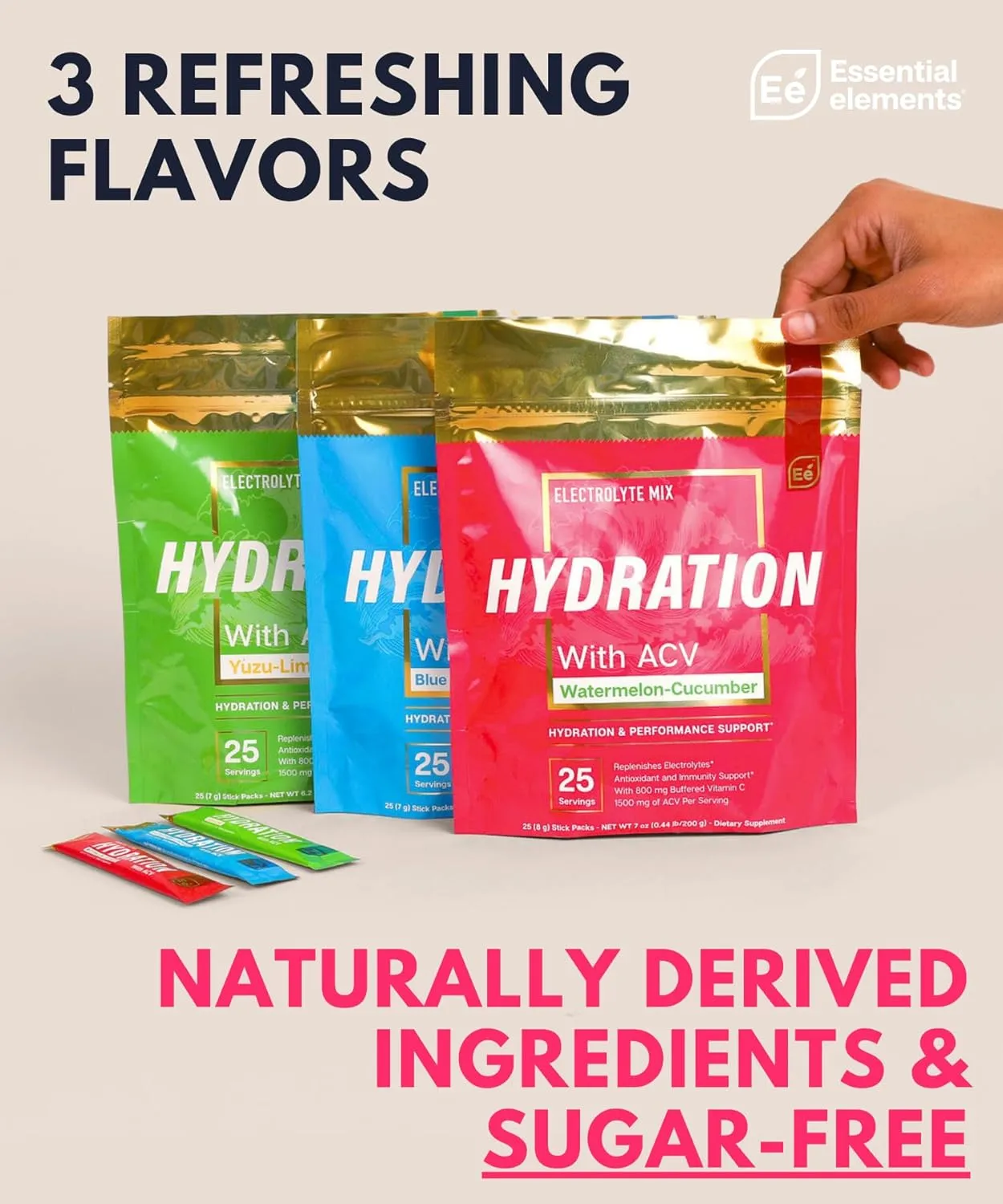 Essential Elements Hydration Packets - Variety Pack - Sugar Free Electrolytes Powder Packets - 15 Stick Packs of Electrolytes Powder No Sugar - Hydration Drink - with ACV & Vitamin C